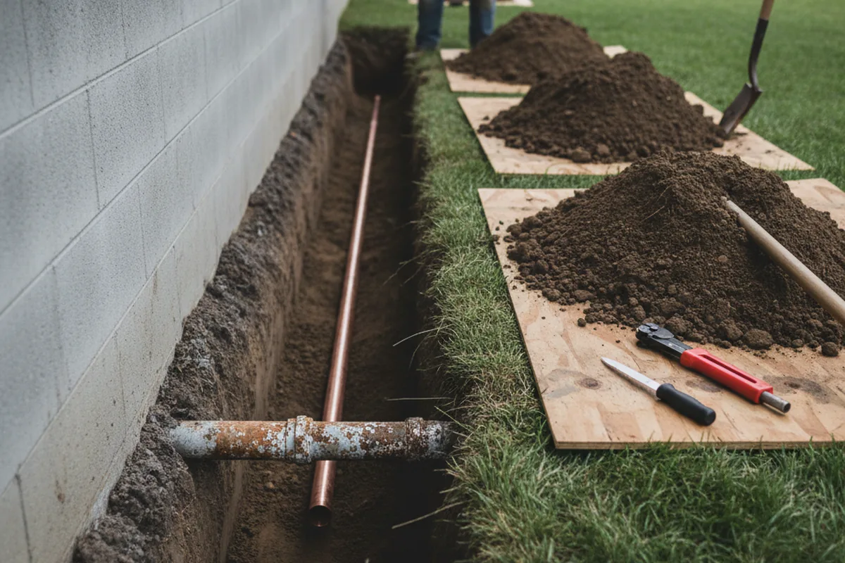Excavated water line trench during Sewer Line Repair in Blaine